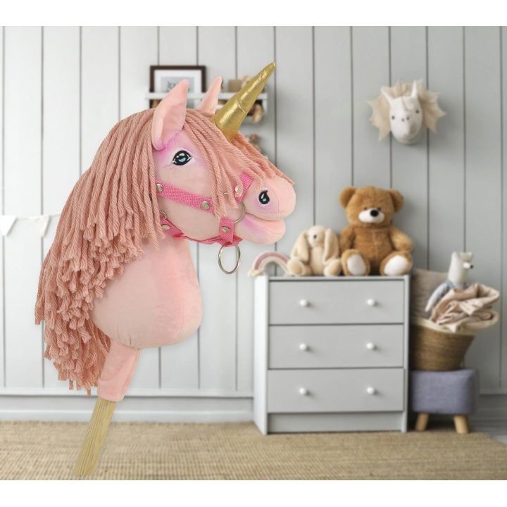 Vienaragis ant lazdos Hobby Horse rožinis su auksiniu ragu