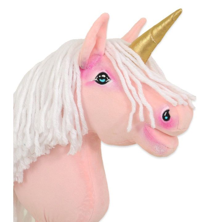 Hobby Horse vienaragis ant lazdos rožinis su balta karčiene ir auksiniu ragu