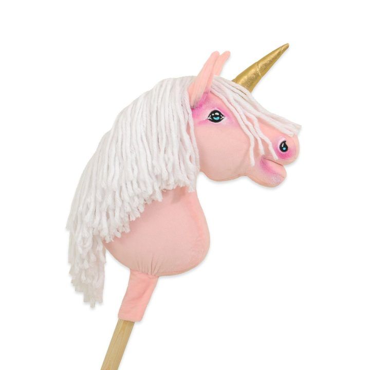 Hobby Horse vienaragis ant lazdos rožinis su balta karčiene ir auksiniu ragu