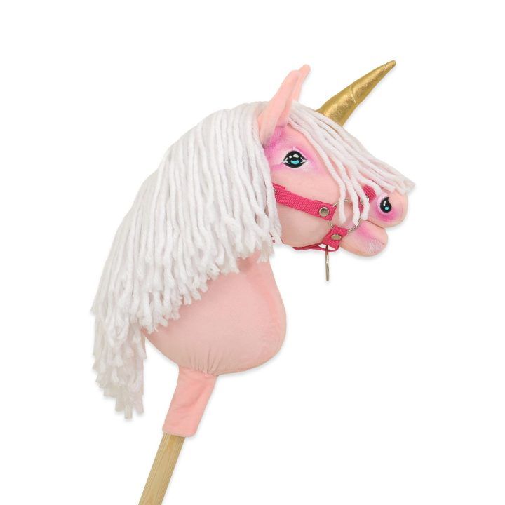 Hobby Horse vienaragis ant lazdos rožinis su balta karčiene ir auksiniu ragu