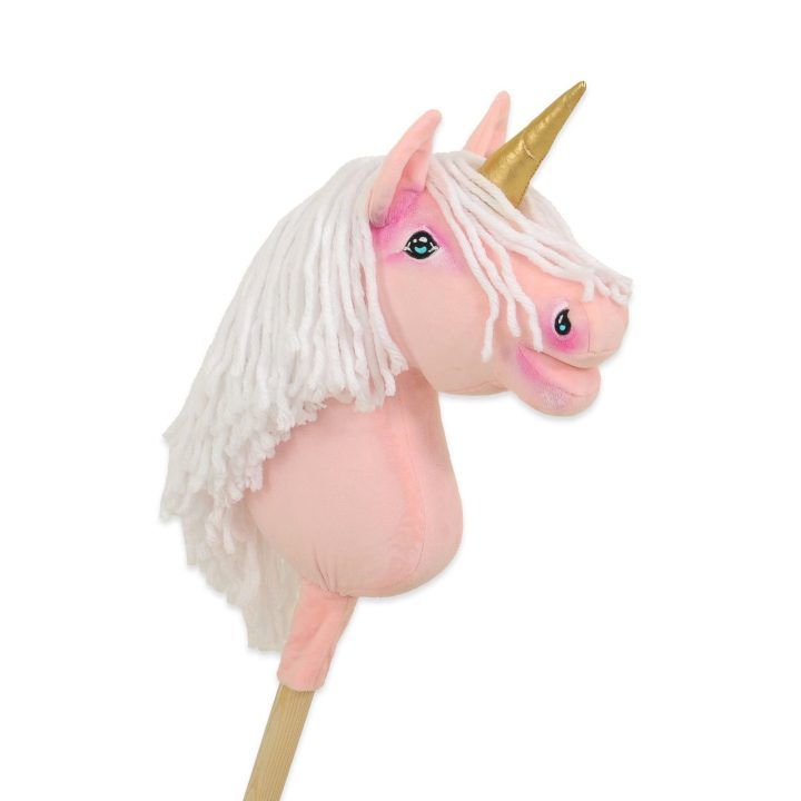 Hobby Horse vienaragis ant lazdos rožinis su balta karčiene ir auksiniu ragu