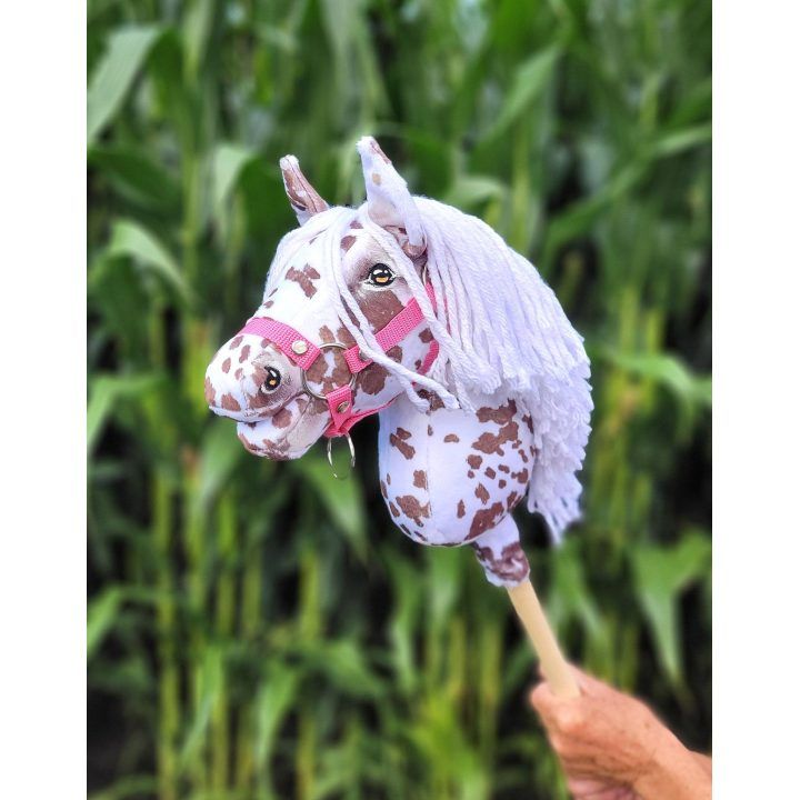 Hobby Horse lazdelinis arkliukas rudas leopardas su balta karčiais A4