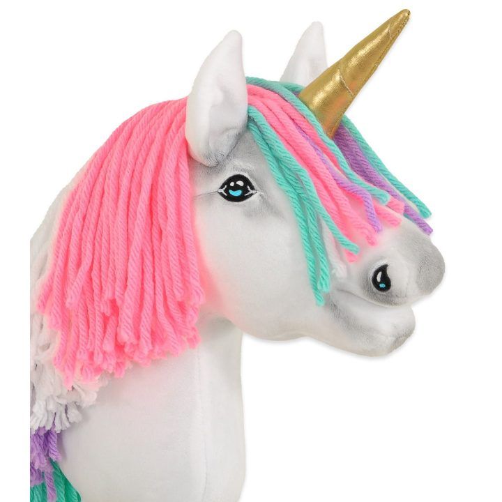 Hobby Horse vienaragis ant lazdos su spalvota karčiene ir auksiniu ragu A4
