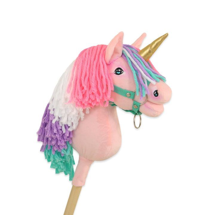 Vienaragis ant lazdos Hobby Horse rožinis su spalvota karčiene ir auksiniu ragu