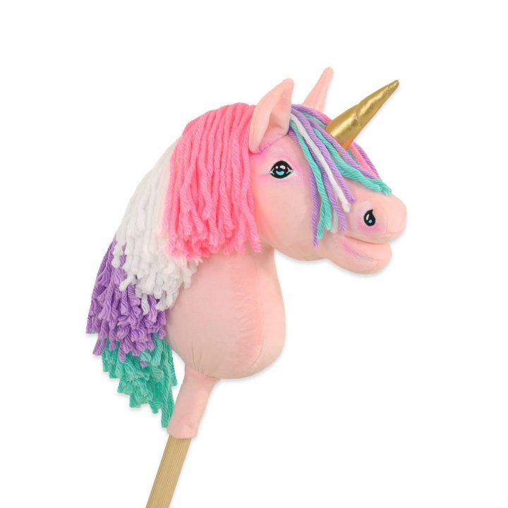 Vienaragis ant lazdos Hobby Horse rožinis su spalvota karčiene ir auksiniu ragu