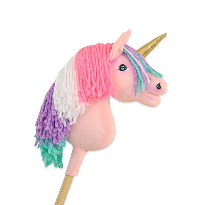 Vienaragis ant lazdos Hobby Horse rožinis su spalvota karčiene ir auksiniu ragu