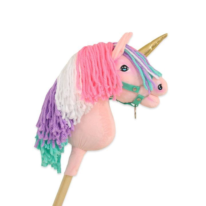 Vienaragis ant lazdos Hobby Horse rožinis su spalvota karčiene ir auksiniu ragu
