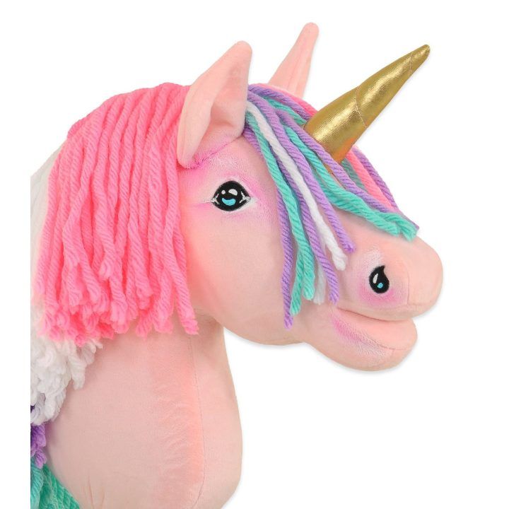 Vienaragis ant lazdos Hobby Horse rožinis su spalvota karčiene ir auksiniu ragu