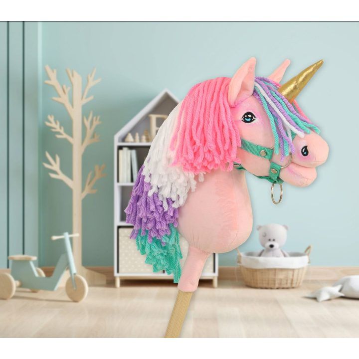 Vienaragis ant lazdos Hobby Horse rožinis su spalvota karčiene ir auksiniu ragu