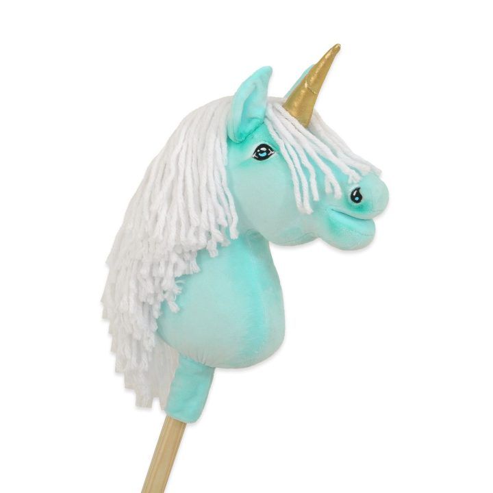 Vienaragis Hobby Horse su lazda mėtų spalvos su balta karčiais ir auksiniu ragu