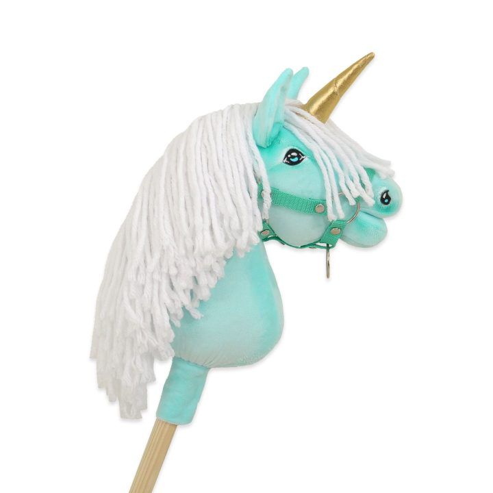 Vienaragis Hobby Horse su lazda mėtų spalvos su balta karčiais ir auksiniu ragu