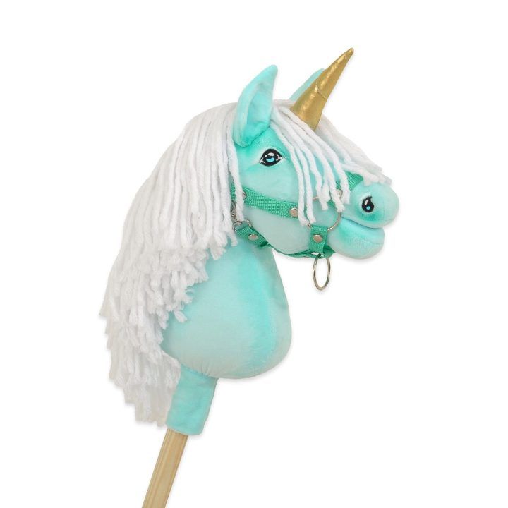 Vienaragis Hobby Horse su lazda mėtų spalvos su balta karčiais ir auksiniu ragu