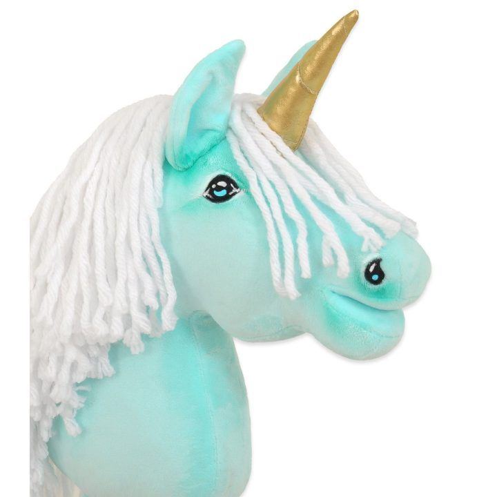 Vienaragis Hobby Horse su lazda mėtų spalvos su balta karčiais ir auksiniu ragu