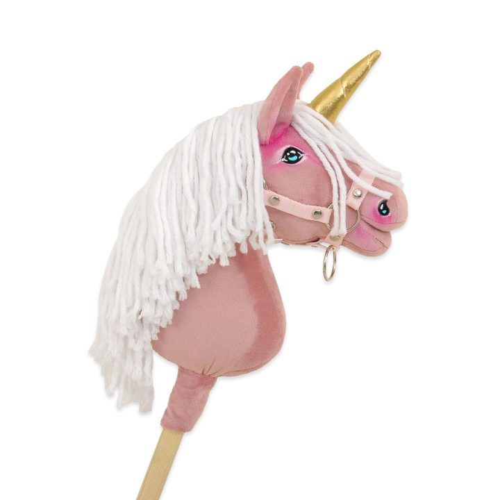 Vienaragis Hobby Horse lazdoje pastelinės rožinės spalvos su balta karčiais A4