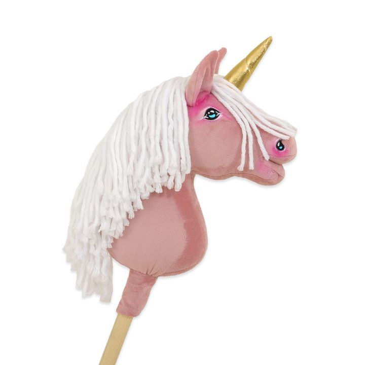 Vienaragis Hobby Horse lazdoje pastelinės rožinės spalvos su balta karčiais A4
