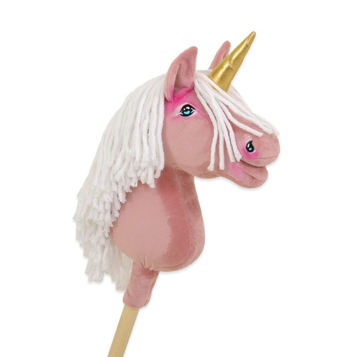 Vienaragis Hobby Horse lazdoje pastelinės rožinės spalvos su balta karčiais A4