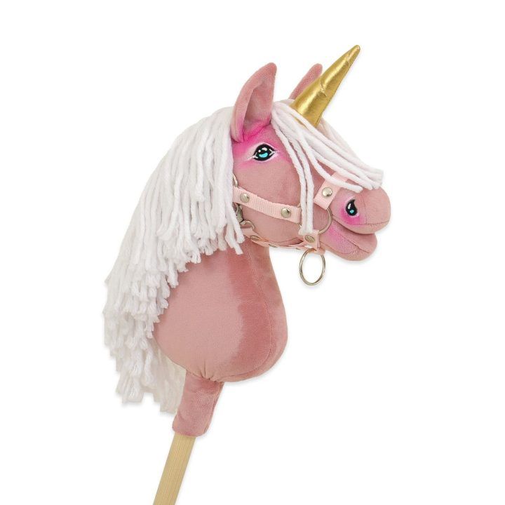 Vienaragis Hobby Horse lazdoje pastelinės rožinės spalvos su balta karčiais A4