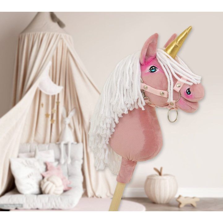 Vienaragis Hobby Horse lazdoje pastelinės rožinės spalvos su balta karčiais A4