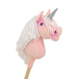 Hobby Horse vienaragis ant lazdos rožinis su balta karčiene ir sidabriniu ragu