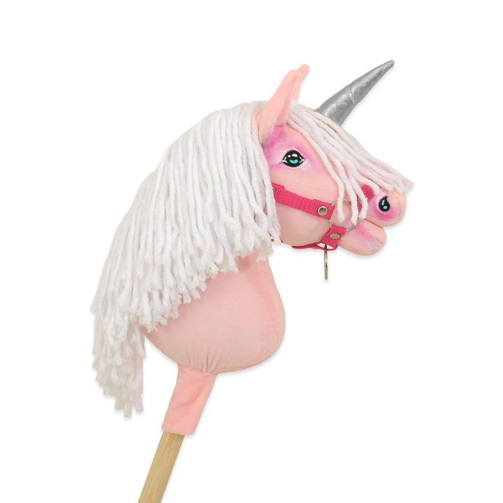 Hobby Horse vienaragis ant lazdos rožinis su balta karčiene ir sidabriniu ragu