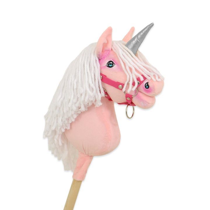Hobby Horse vienaragis ant lazdos rožinis su balta karčiene ir sidabriniu ragu