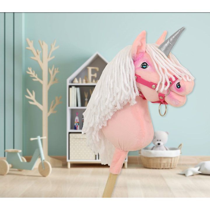 Hobby Horse vienaragis ant lazdos rožinis su balta karčiene ir sidabriniu ragu