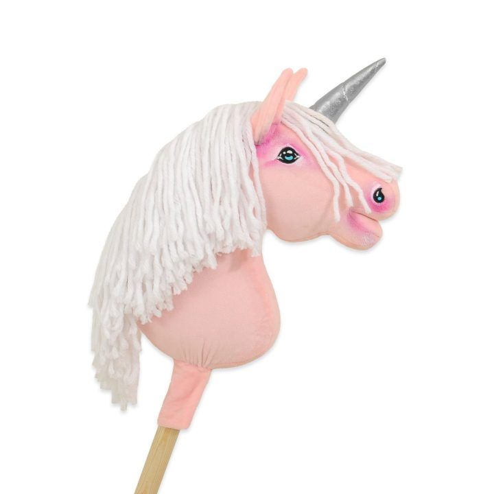 Hobby Horse vienaragis ant lazdos rožinis su balta karčiene ir sidabriniu ragu