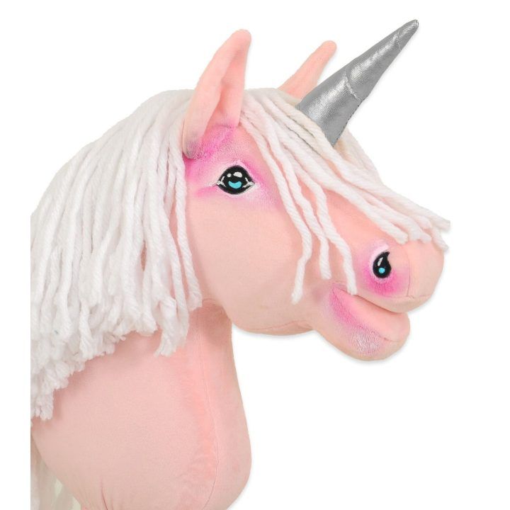 Hobby Horse vienaragis ant lazdos rožinis su balta karčiene ir sidabriniu ragu