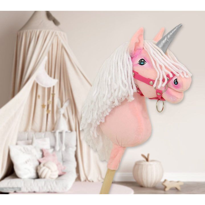 Hobby Horse vienaragis ant lazdos rožinis su balta karčiene ir sidabriniu ragu