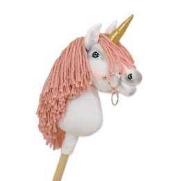 Vienaragis ant lazdos Hobby Horse su rožine karčiene ir auksiniu ragu