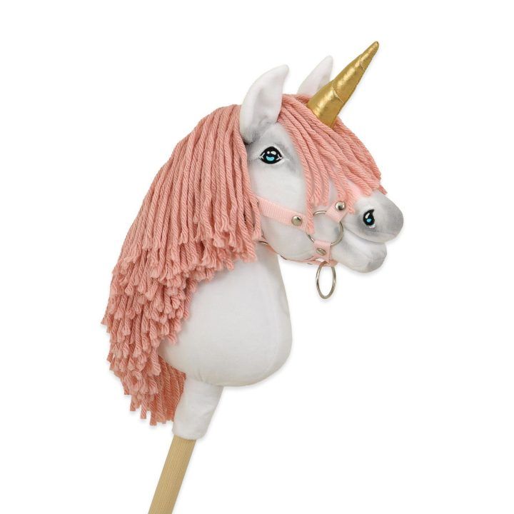 Vienaragis ant lazdos Hobby Horse su rožine karčiene ir auksiniu ragu