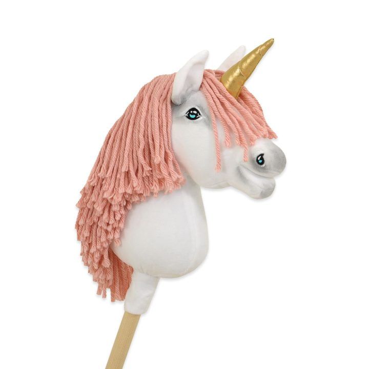 Vienaragis ant lazdos Hobby Horse su rožine karčiene ir auksiniu ragu