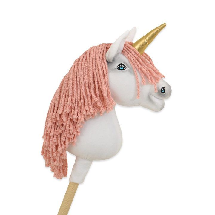 Vienaragis ant lazdos Hobby Horse su rožine karčiene ir auksiniu ragu