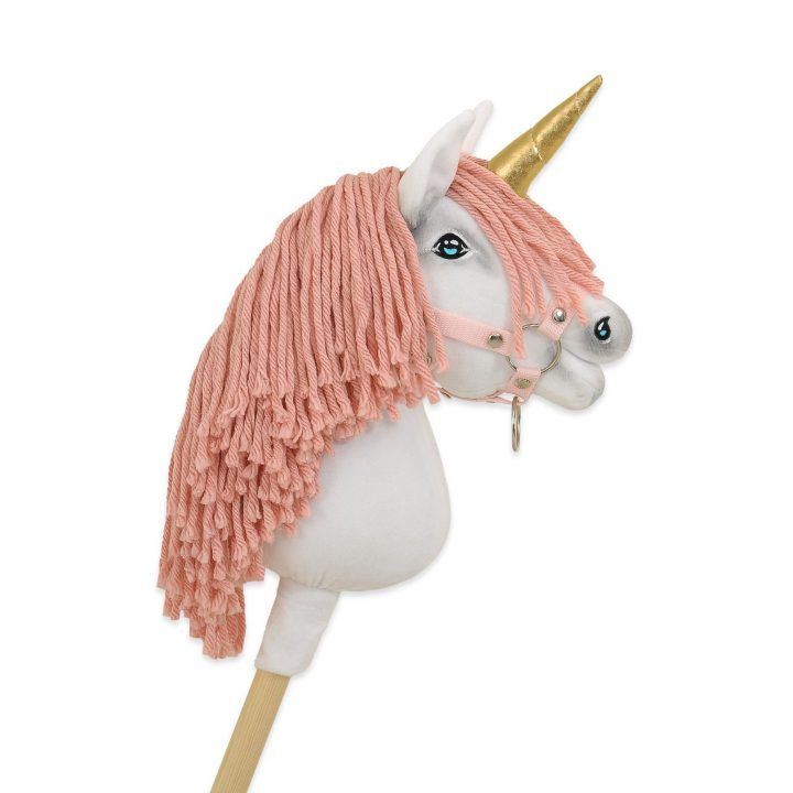 Vienaragis ant lazdos Hobby Horse su rožine karčiene ir auksiniu ragu