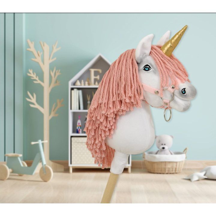 Vienaragis ant lazdos Hobby Horse su rožine karčiene ir auksiniu ragu