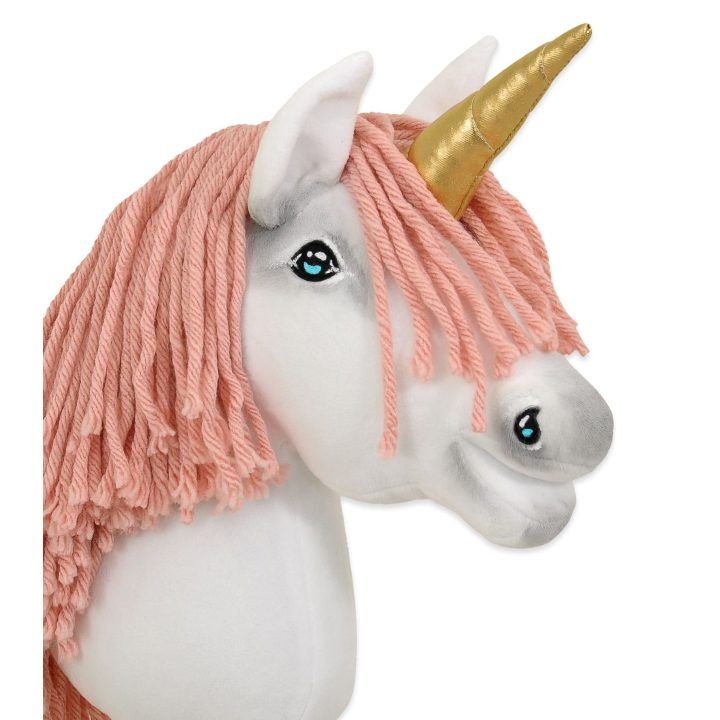 Vienaragis ant lazdos Hobby Horse su rožine karčiene ir auksiniu ragu