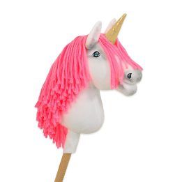 Hobby Horse vienaragis ant lazdos su rožine karčiene ir auksiniu ragu