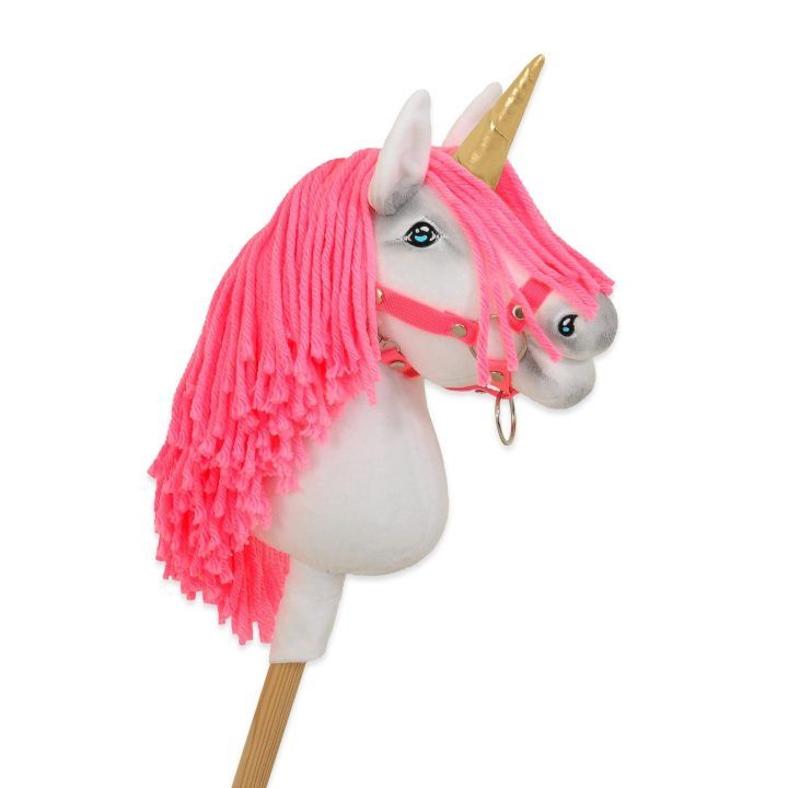 Hobby Horse vienaragis ant lazdos su rožine karčiene ir auksiniu ragu