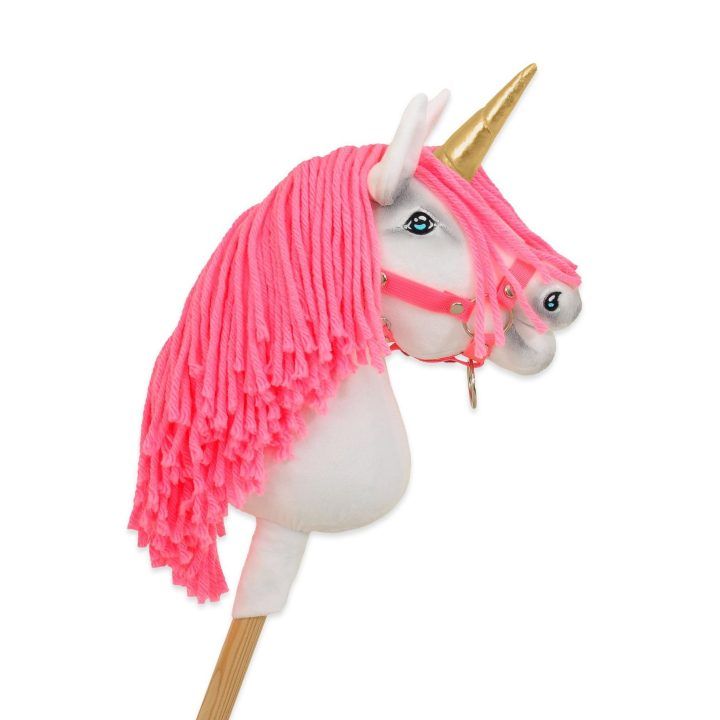 Hobby Horse vienaragis ant lazdos su rožine karčiene ir auksiniu ragu