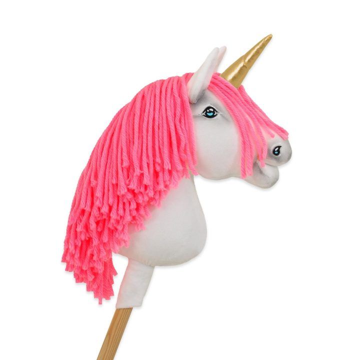 Hobby Horse vienaragis ant lazdos su rožine karčiene ir auksiniu ragu