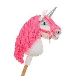 Vienaragis Hobby Horse lazdoje su neonine rožine karčiene ir sidabriniu ragu