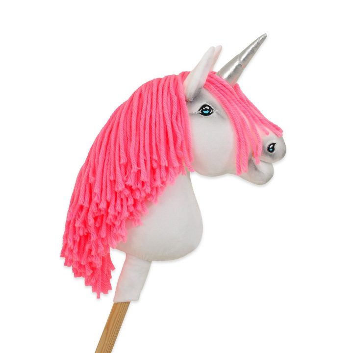 Vienaragis Hobby Horse lazdoje su neonine rožine karčiene ir sidabriniu ragu