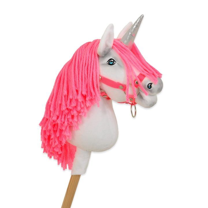 Vienaragis Hobby Horse lazdoje su neonine rožine karčiene ir sidabriniu ragu