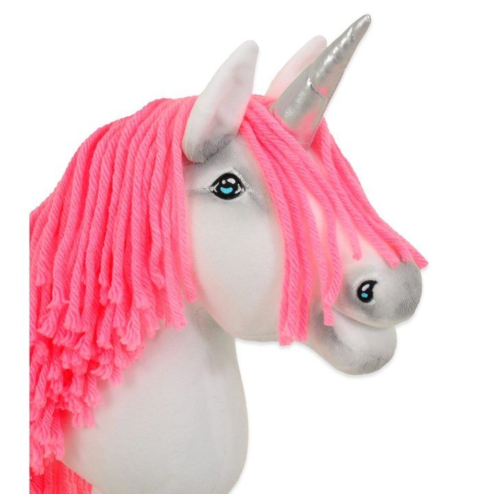 Vienaragis Hobby Horse lazdoje su neonine rožine karčiene ir sidabriniu ragu