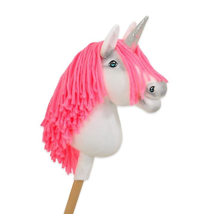 Vienaragis Hobby Horse lazdoje su neonine rožine karčiene ir sidabriniu ragu