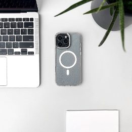 Dėklas telefonui Samsung Galaxy S26 Ultra su blizgučiais ir MagSafe, baltas