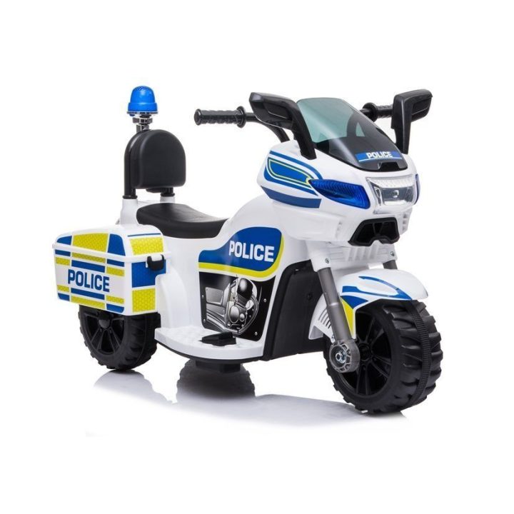 Vaikiškas elektrinis policijos motociklas su sirena baltas