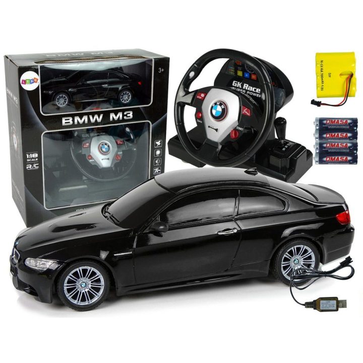 Radijo bangomis valdomas automobilis BMW M3 1:18 su garsu ir šviesomis, juodas