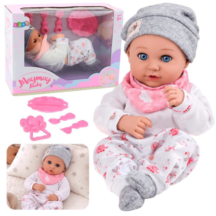 Lėlė kūdikis su maitinimo priedais, seilinuku ir kepuraite 28 cm
