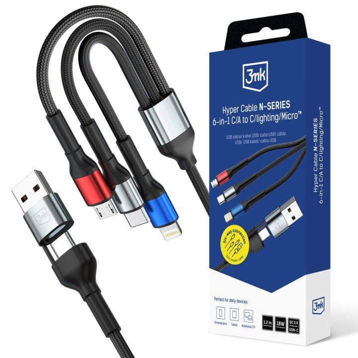 Įkrovimo laidas 6 in 1 USB-C/USB-A į USB-C/Lightning/Micro 1.2 m 18 W